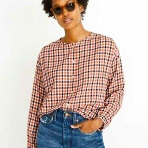 Madewell Meadow Red Gray Plaid Check Preppy Long Sleeved Buttoned Top Small